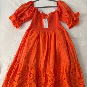 Petal & Pup Orange Eyelet Puff-Sleeve Mini Dress